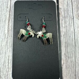 Silver Moose Earrings with Red and Green Accents